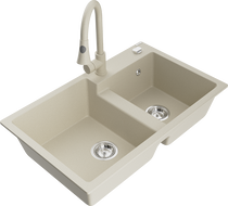 Mexen Tomas évier en granit 2 bacs avec robinet de cuisine Elia, beige - 6516-69-670101-69