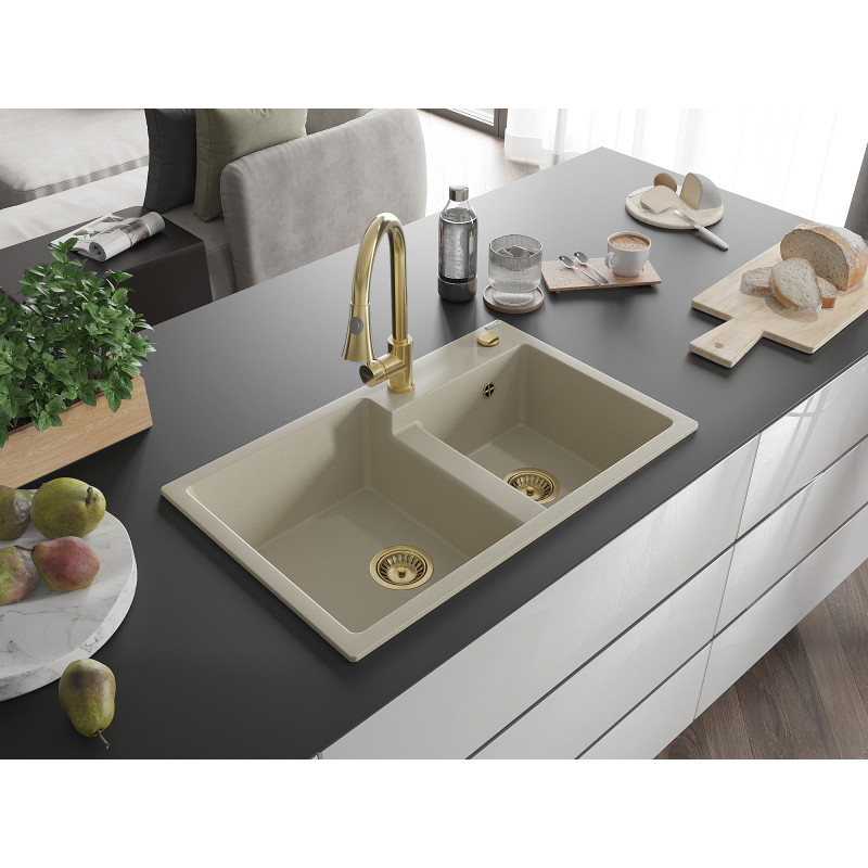 Mexen Tomas fregadero de granito de 2 compartimentos con grifo de cocina Elia, beige - 6516-69-670101-50