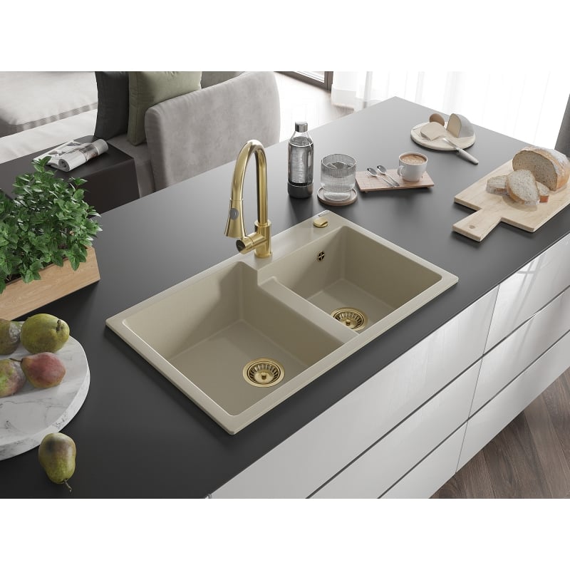 Mexen Tomas granitische spoelbak 2-kamer met keukenmengkraan Elia, beige - 6516-69-670101-50