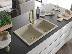 Mexen Tomas granite double bowl sink with Elia kitchen faucet, beige - 6516-69-670101-50