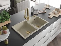 Mexen Tomas granite sink 2-bowl with Elia kitchen tap, beige - 6516-69-670101-50
