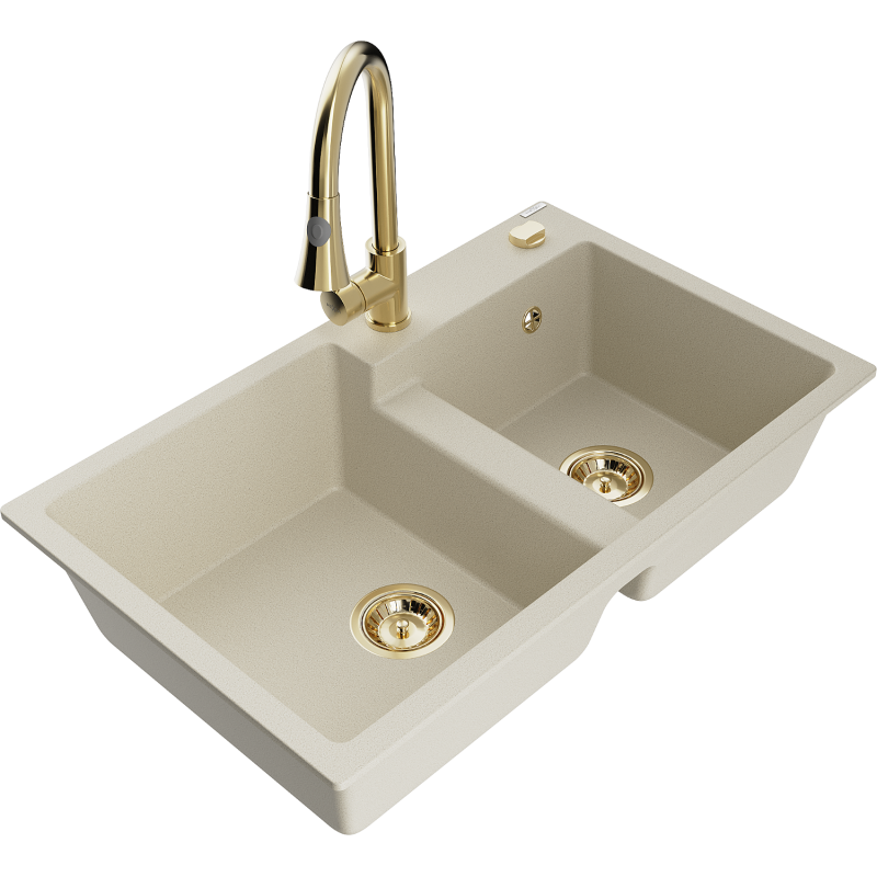 Mexen Tomas fregadero de granito de 2 senos con grifo de cocina Elia, beige - 6516-69-670101-50