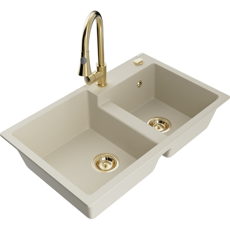 Mexen Tomas granieten gootsteen met 2 kamers en keukenmengkraan Elia, beige - 6516-69-670101-50