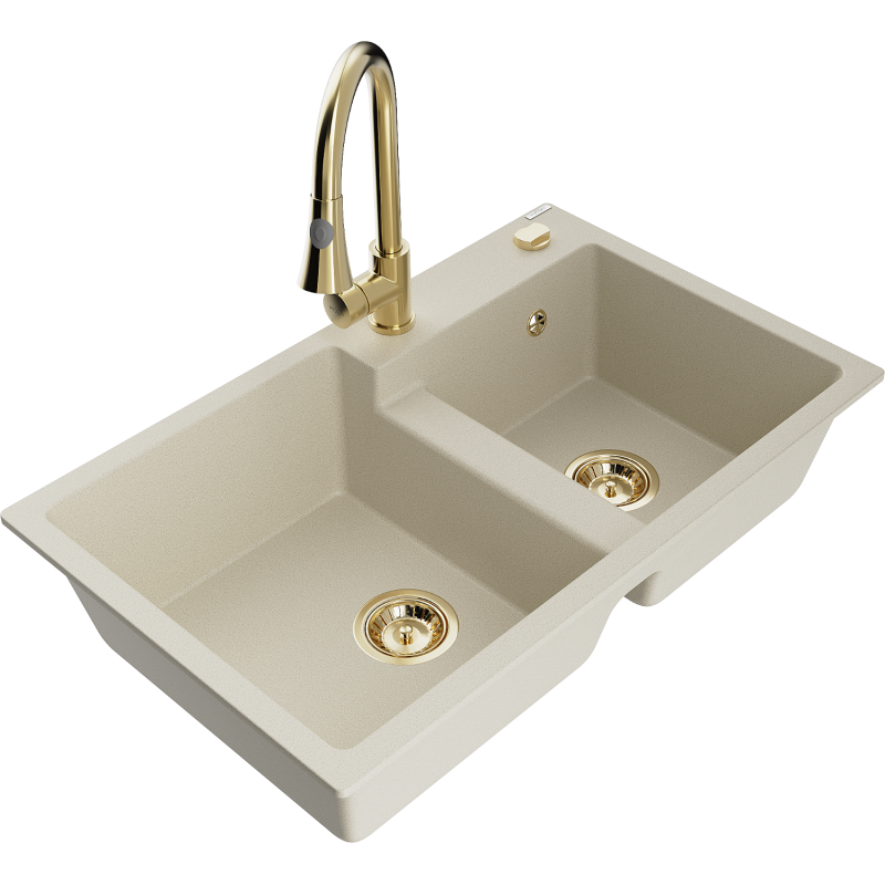 Mexen Tomas granite sink 2-bowl with Elia kitchen tap, beige - 6516-69-670101-50