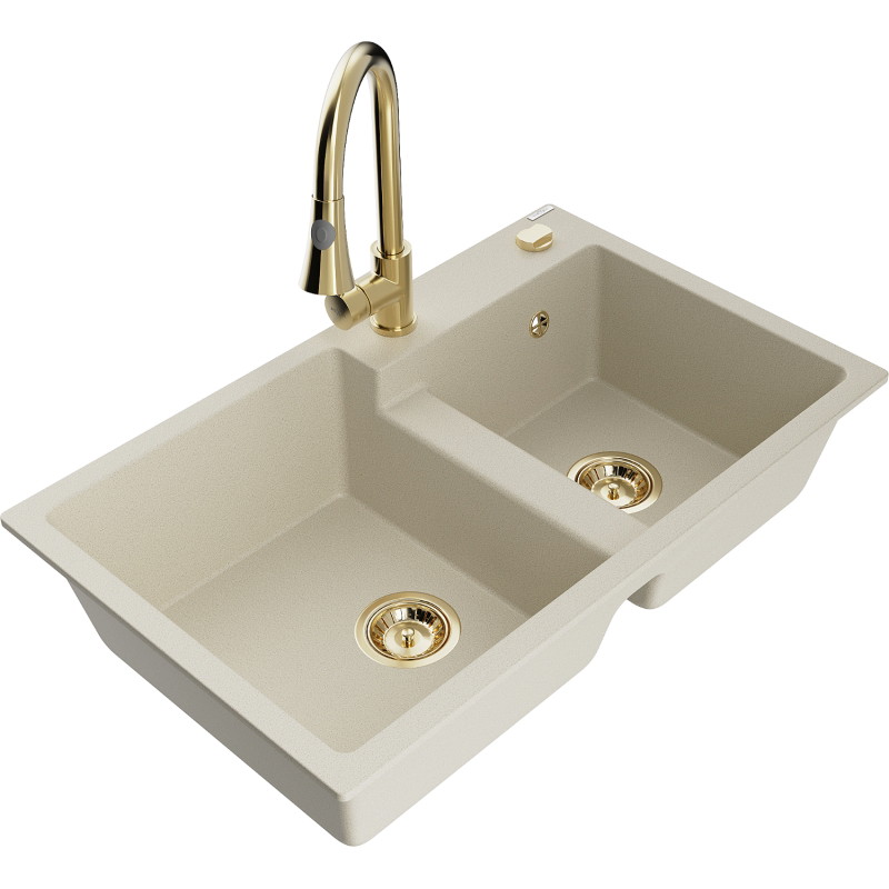 Mexen Tomas granitspüle 2-kammer mit küchenarmatur Elia, beige - 6516-69-670101-50