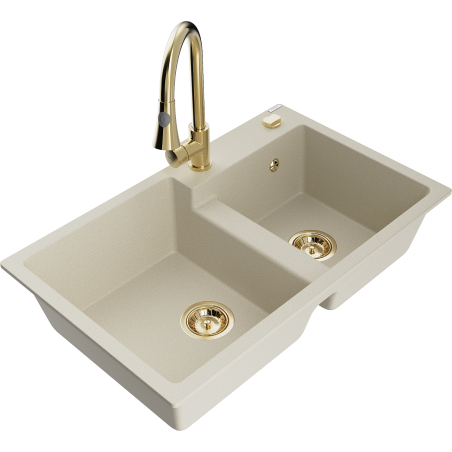 Mexen Tomas granieten gootsteen met 2 kamers en keukenmengkraan Elia, beige - 6516-69-670101-50