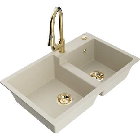 Mexen Tomas granite sink 2-bowl with Elia kitchen tap, beige - 6516-69-670101-50