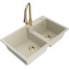 Mexen Tomas granite sink 2-bowl with Elia kitchen tap, beige - 6516-69-670101-50