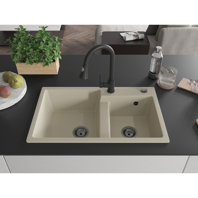 Mexen Tomas fregadero de granito de 2 compartimentos con grifo de cocina Elia, beige - 6516-69-670101-70
