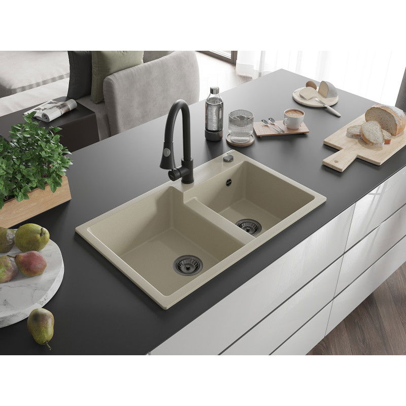 Mexen Tomas lavello in granito a 2 vasche con rubinetto da cucina Elia, beige - 6516-69-670101-70