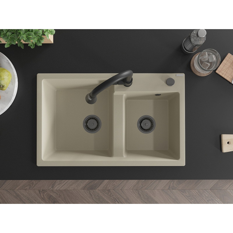 Mexen Tomas fregadero de granito de 2 compartimentos con grifo de cocina Elia, beige - 6516-69-670101-70