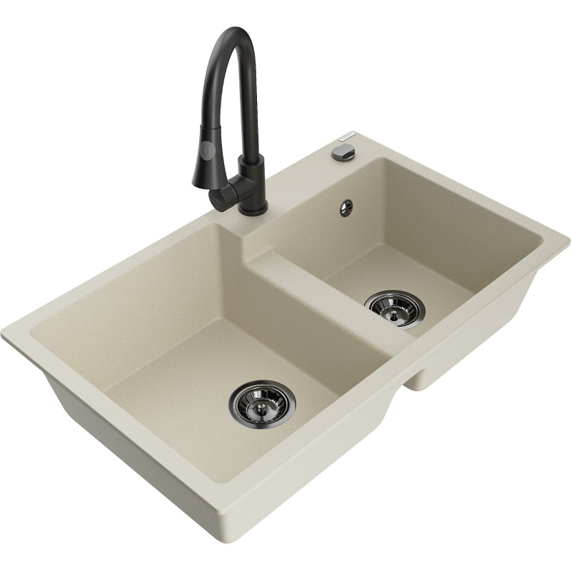 Mexen Tomas fregadero de granito de 2 compartimentos con grifo de cocina Elia, beige - 6516-69-670101-70