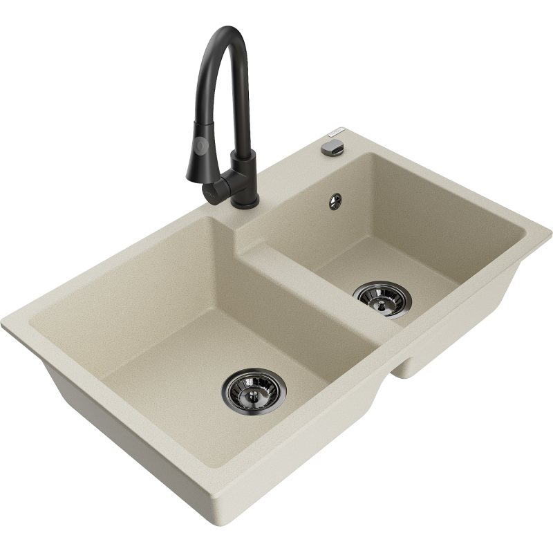 Mexen Tomas fregadero de granito de 2 senos con grifo de cocina Elia, beige - 6516-69-670101-70