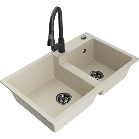 Mexen Tomas fregadero de granito de 2 senos con grifo de cocina Elia, beige - 6516-69-670101-70