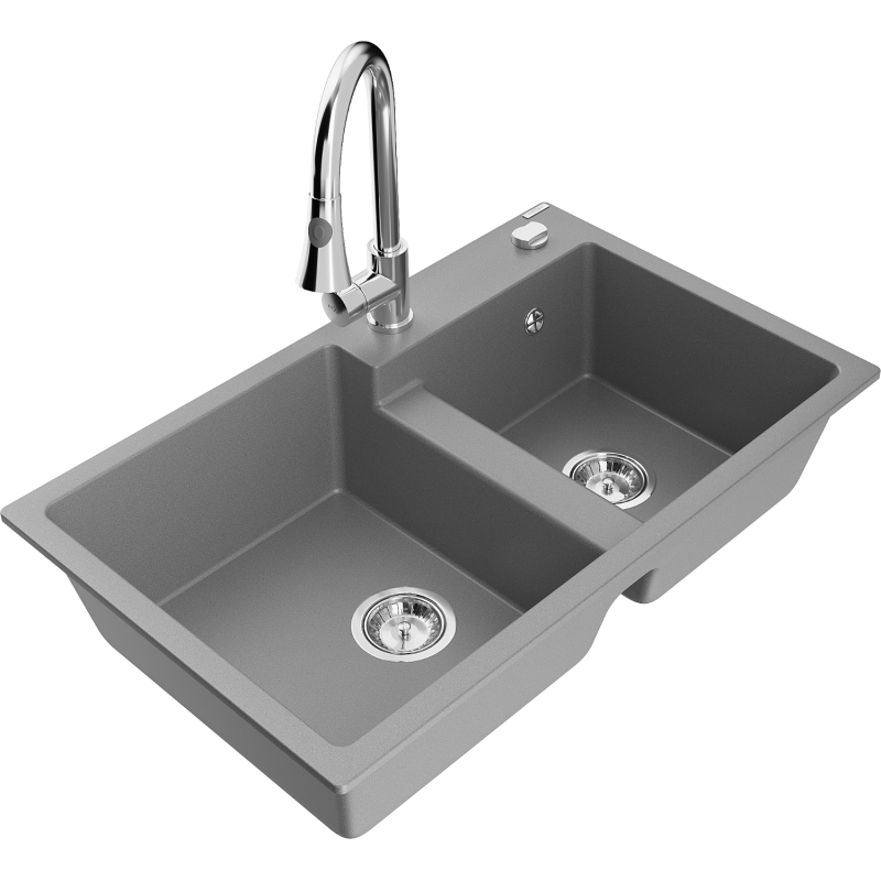 Mexen Tomas Granitdiskbänk med två fack och köksblandare Elia, grå - 6516-71-670101-00
