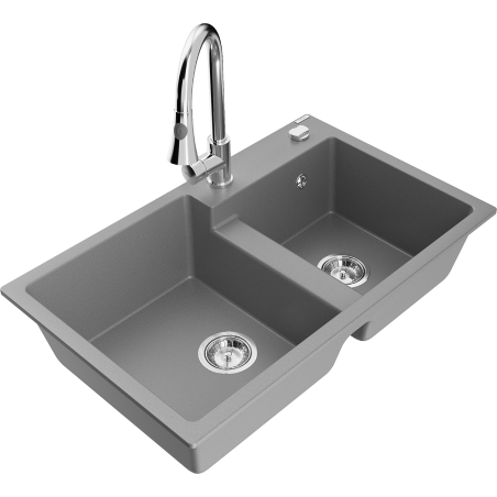 Mexen Tomas fregadero de granito de 2 compartimentos con grifo de cocina Elia, gris - 6516-71-670101-00