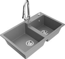 Mexen Tomas granite sink 2-chamber with Elia kitchen tap, grey - 6516-71-670101-00