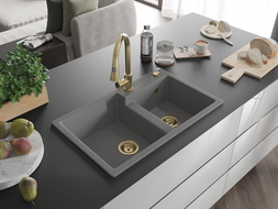 Mexen Tomas fregadero de granito de 2 senos con grifo de cocina Elia, gris - 6516-71-670101-50