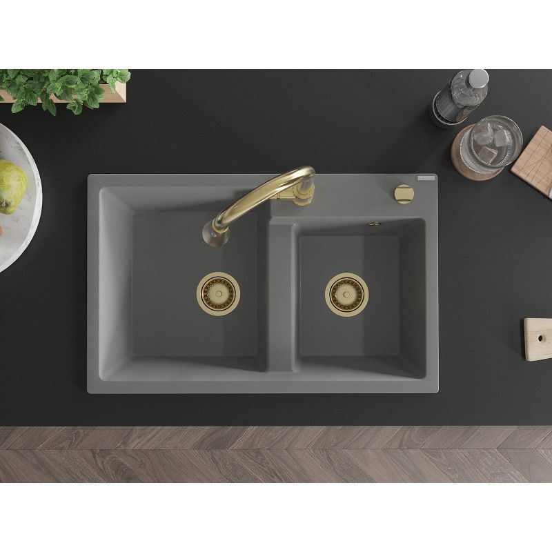 Mexen Tomas granite sink with 2 chambers and Elia kitchen tap, grey - 6516-71-670101-50