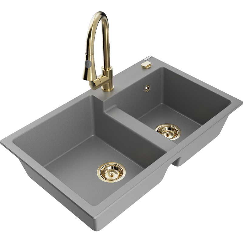 Mexen Tomas granite sink with 2 chambers and Elia kitchen tap, grey - 6516-71-670101-50