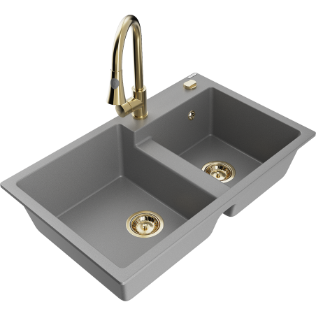 Mexen Tomas fregadero de granito de 2 senos con grifo de cocina Elia, gris - 6516-71-670101-50