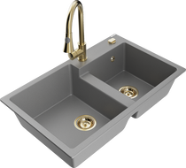 Mexen Tomas granite sink with 2 chambers and Elia kitchen tap, grey - 6516-71-670101-50