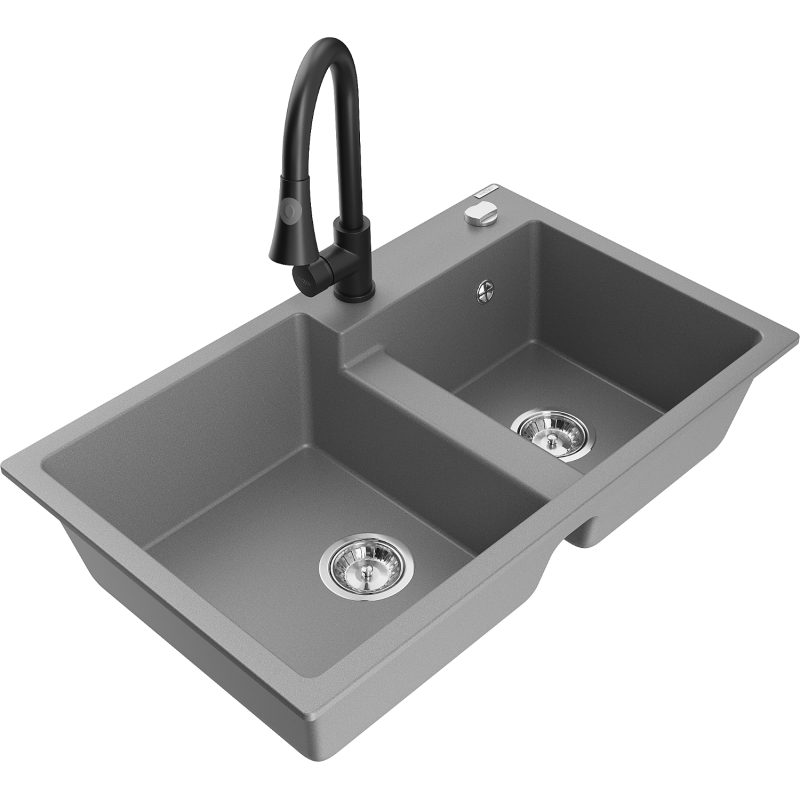 Mexen Tomas fregadero de granito de 2 cámaras con grifo de cocina Elia, gris - 6516-71-670101-70
