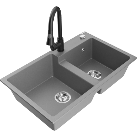 Mexen Tomas granieten gootsteen met 2 kamers en keukenmengkraan Elia, grijs - 6516-71-670101-70