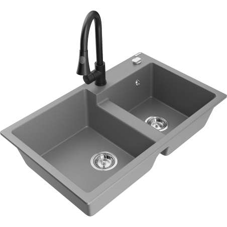 Mexen Tomas granite sink 2-chamber with Elia kitchen tap, grey - 6516-71-670101-70
