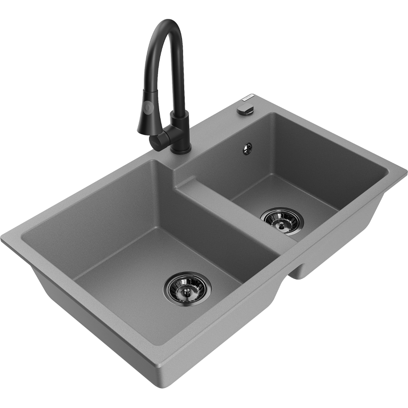 Mexen Tomas fregadero de granito de 2 compartimentos con grifo de cocina Elia, gris - 6516-71-670101-70-B