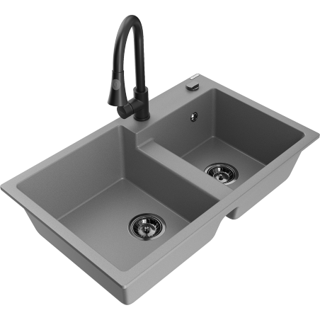 Mexen Tomas fregadero de granito de 2 compartimentos con grifo de cocina Elia, gris - 6516-71-670101-70-B
