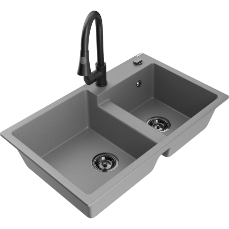 Mexen Tomas granite double-bowl kitchen sink with Elia faucet, gray - 6516-71-670101-70-B