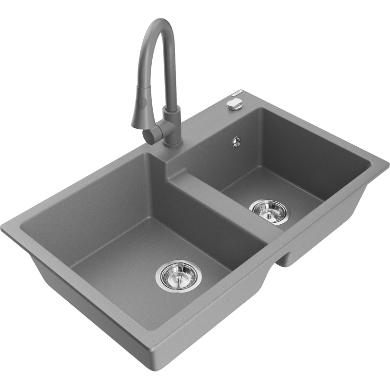 Mexen Tomas fregadero de granito de 2 compartimentos con grifo de cocina Elia, gris - 6516-71-670101-71
