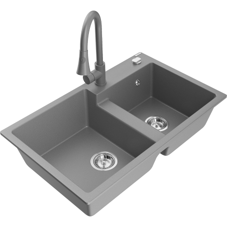 Mexen Tomas granite sink 2-bowl with Elia kitchen tap, grey - 6516-71-670101-71