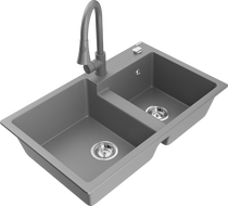 Mexen Tomas granite sink 2-bowl with Elia kitchen tap, grey - 6516-71-670101-71