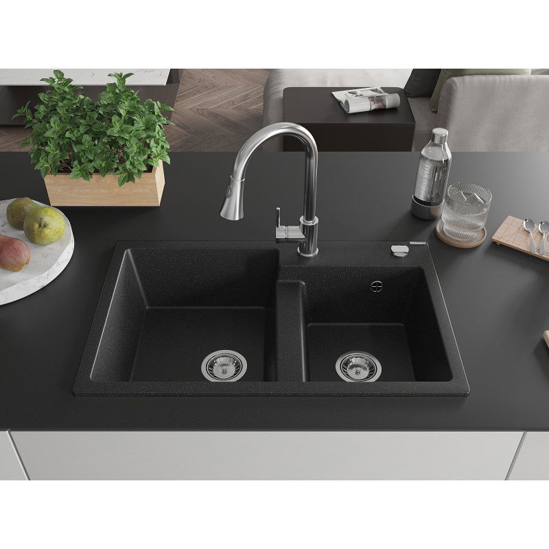 Mexen Tomas granite sink 2-bowl with Elia kitchen tap, black/silver metallic - 6516-73-670101-00
