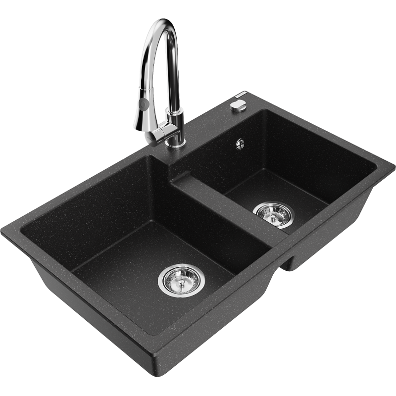 Mexen Tomas Granitspüle 2-Becken mit Küchenarmatur Elia, schwarz/silber metallic - 6516-73-670101-00