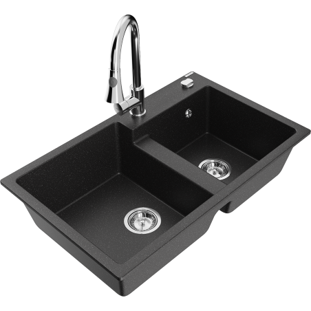Mexen Tomas Granitspüle 2-Becken mit Küchenarmatur Elia, schwarz/silber metallic - 6516-73-670101-00
