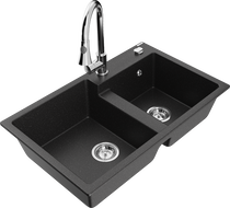 Mexen Tomas granite sink 2-bowl with Elia kitchen tap, black/silver metallic - 6516-73-670101-00