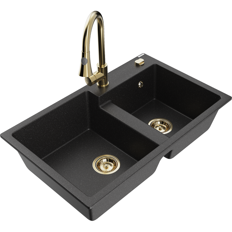 Mexen Tomas granite sink 2-bowl with Elia kitchen tap, black/silver metallic - 6516-73-670101-50