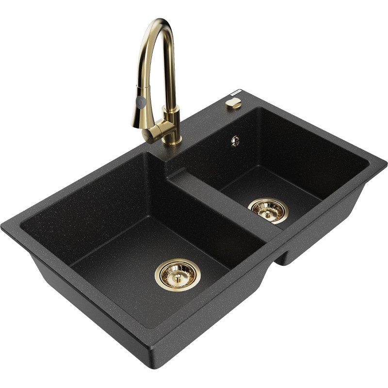 Mexen Tomas Granitspüle 2-Kammer mit Küchenarmatur Elia, schwarz/silberner Metallic - 6516-73-670101-50