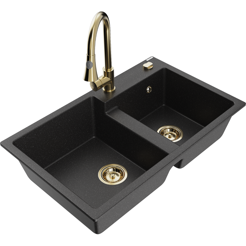 Mexen Tomas lavello in granito a 2 vasche con rubinetto da cucina Elia, nero/argento metallizzato - 6516-73-670101-50