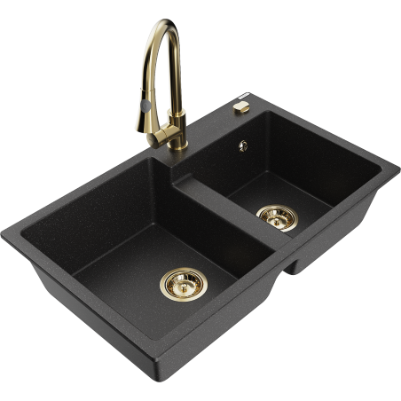 Mexen Tomas fregadero de cocina de granito de 2 senos con grifo de cocina Elia, negro/metálico plateado - 6516-73-670101-50
