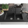 Mexen Tomas granitstenen spoelbak met 2 bakken en keukenmengkraan Elia, zwart/zilveren metallic - 6516-73-670101-70