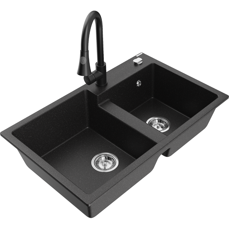 Mexen Tomas fregadero de granito de 2 compartimentos con grifo de cocina Elia, negro/plata metálica - 6516-73-670101-70