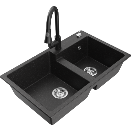 Mexen Tomas granit gootsteen 2-delige met keukenmengkraan Elia, zwart/zilver metallic - 6516-73-670101-70