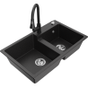 Mexen Tomas granite sink 2-bowl with Elia kitchen tap, black/silver metallic - 6516-73-670101-70