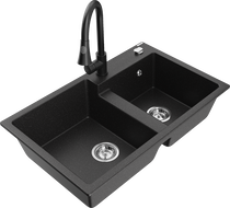 Mexen Tomas lavello in granito a 2 vasche con miscelatore Elia, nero/metallico argento - 6516-73-670101-70