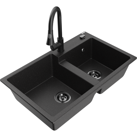 Mexen Tomas 2-bowl granite sink with Elia kitchen faucet, black/silver metallic - 6516-73-670101-70-B