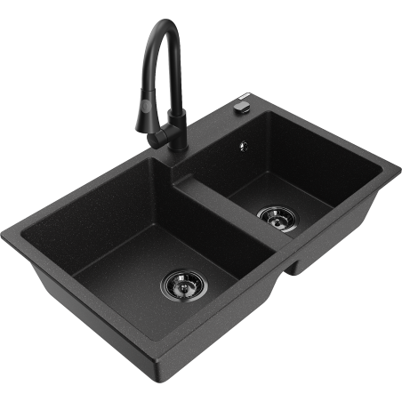 Mexen Tomas Granitspüle 2-becken mit Küchenarmatur Elia, schwarz/silberner Metallic - 6516-73-670101-70-B